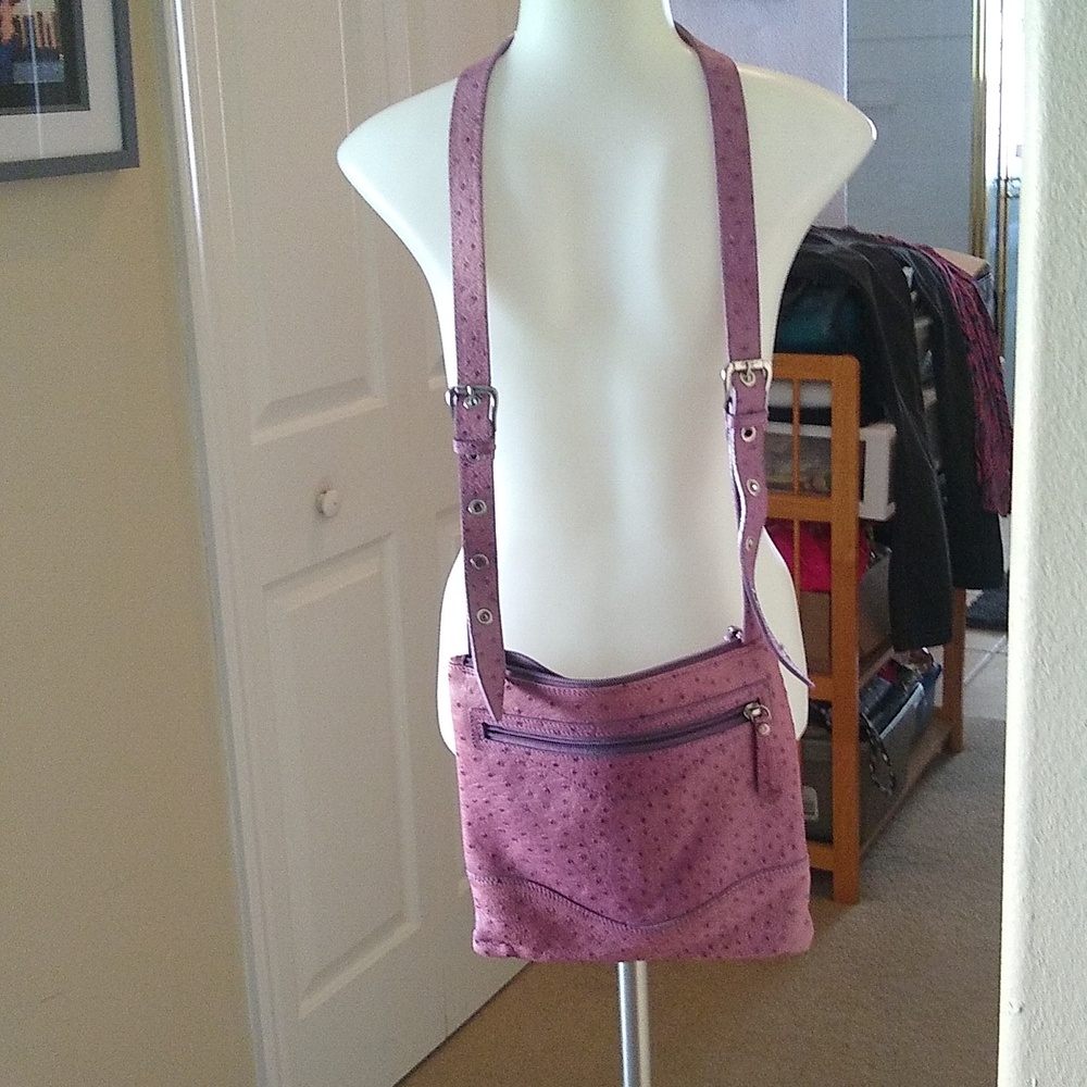 Donald J Pliner light purple ostrich print leather crossbody